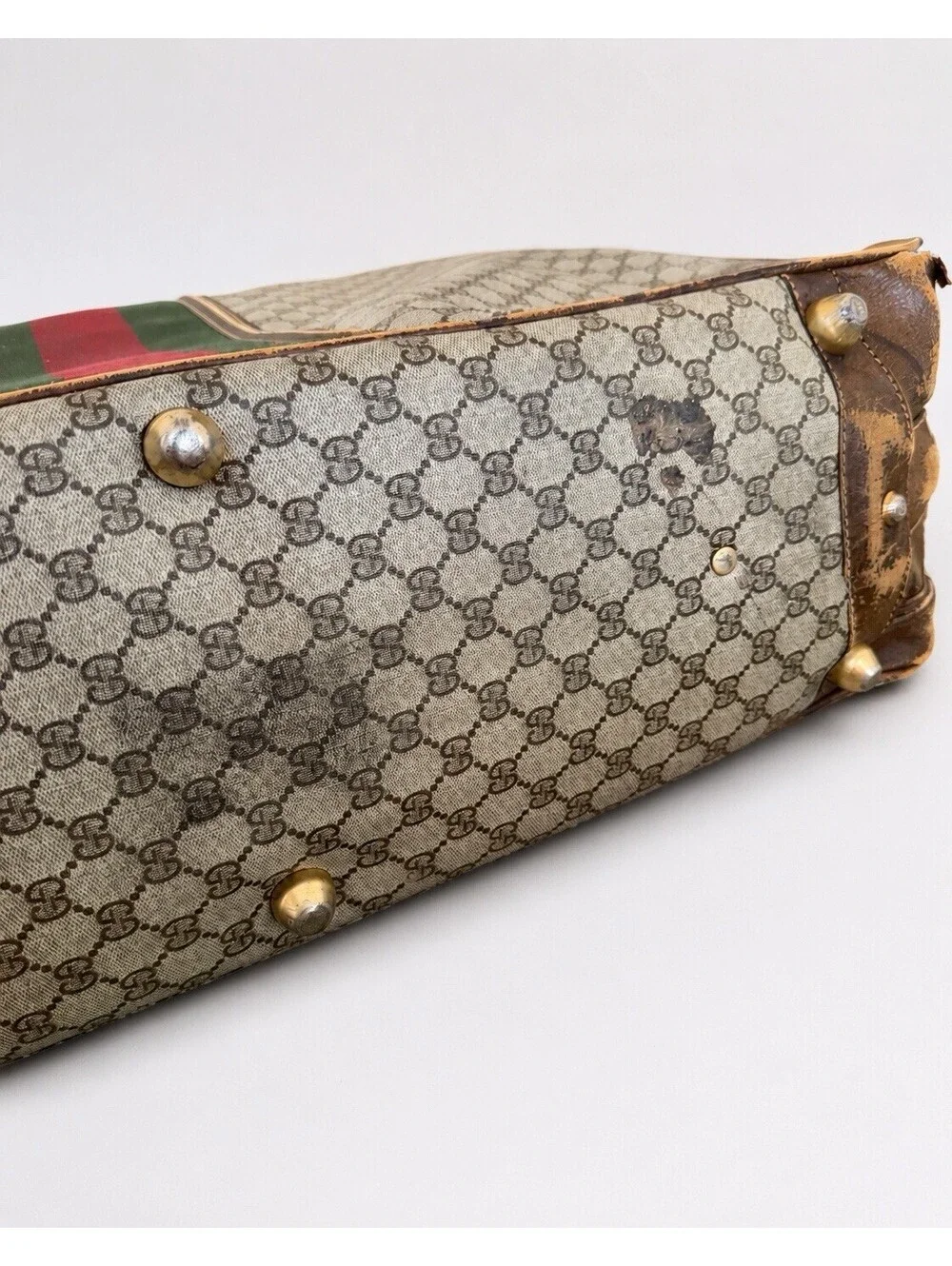 Vintage GUCCI GG Plus Monogram Leather Oversized Web Weekender Bag Suitcase Home